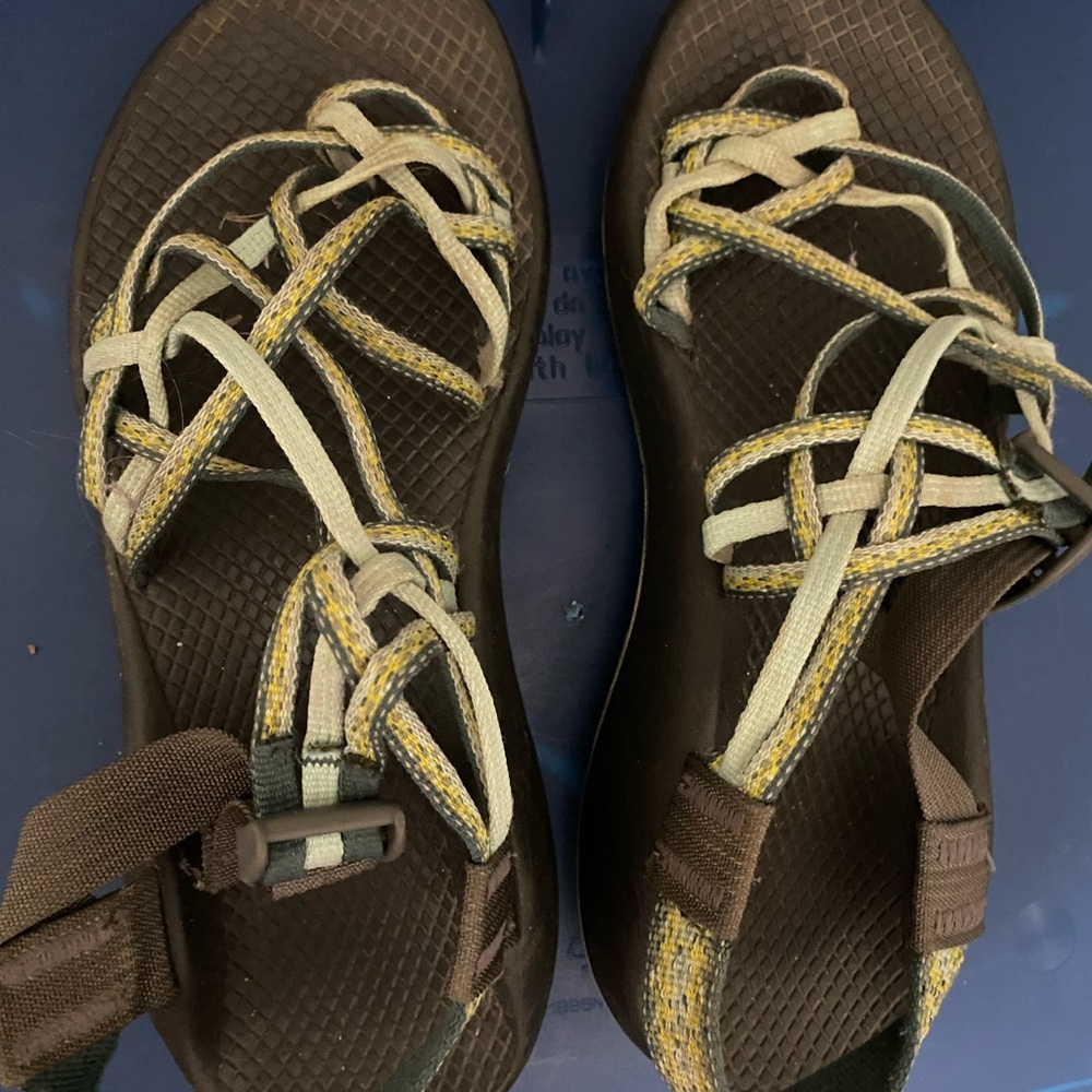 Brown and Yellow Blue Strappy Adjustable Sandals with Web Design